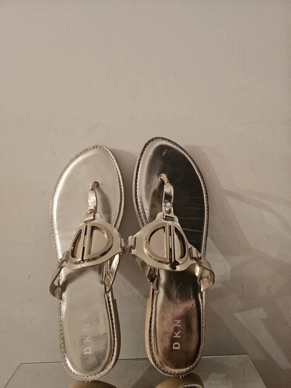 DKNY Metallic Gold Logo Thong Sandals